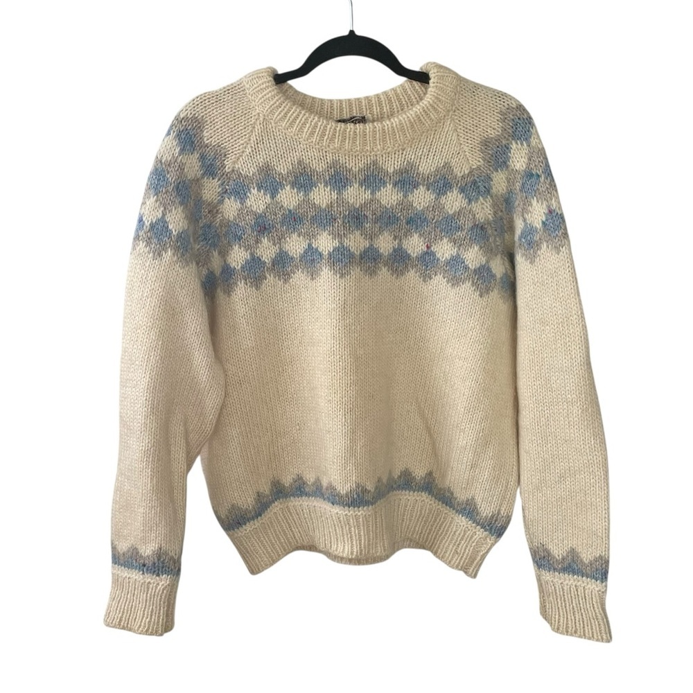 BRIENS LTD. GAELTARRA Wool Crew Neck Long Sleeve Patterned Sweater Cream Blue L